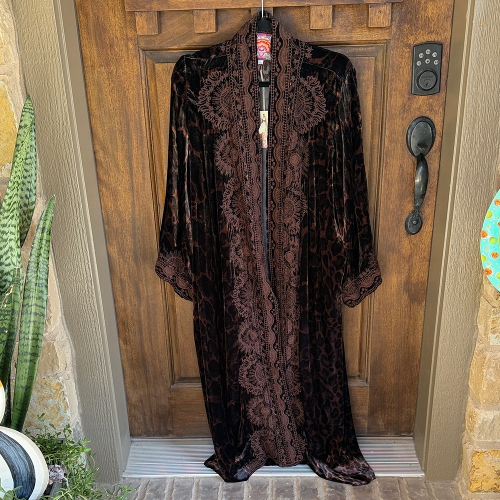 Johnny Was Dark Brown Velvet Embroidered Long Cape